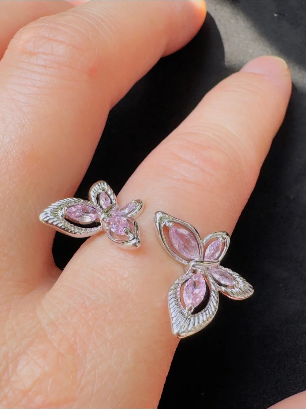 Silver Tone Pink Butterfly Ring - Elegant Women’s Jewelry